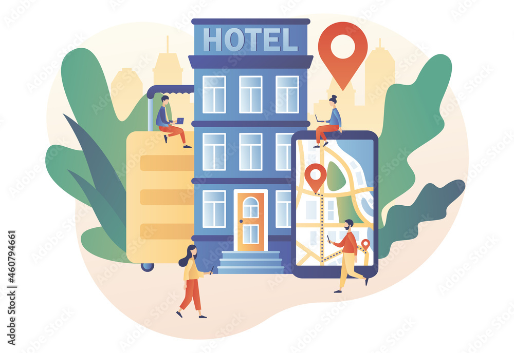 Wall mural Tiny people search, choose and reservation hotel or apartment. Booking hotel online. Tourist and business trip. Modern flat cartoon style. Vector illustration on white background