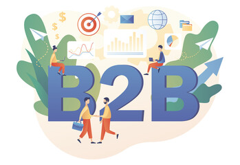B2B : Business to business - big text. Tiny businessmen enter into agreement. Successful business collaboration. Marketing strategy, commerce. Modern flat cartoon style. Vector illustration