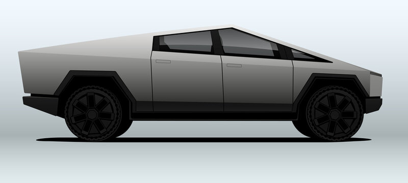 Tesla Cybertruck, view from side. Vector illustration.