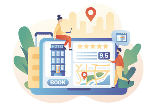 Booking hotel online. Tourist and business trip. Tiny people search, choose and reservation hotel or apartment on web site. Modern flat cartoon style. Vector illustration on white background
