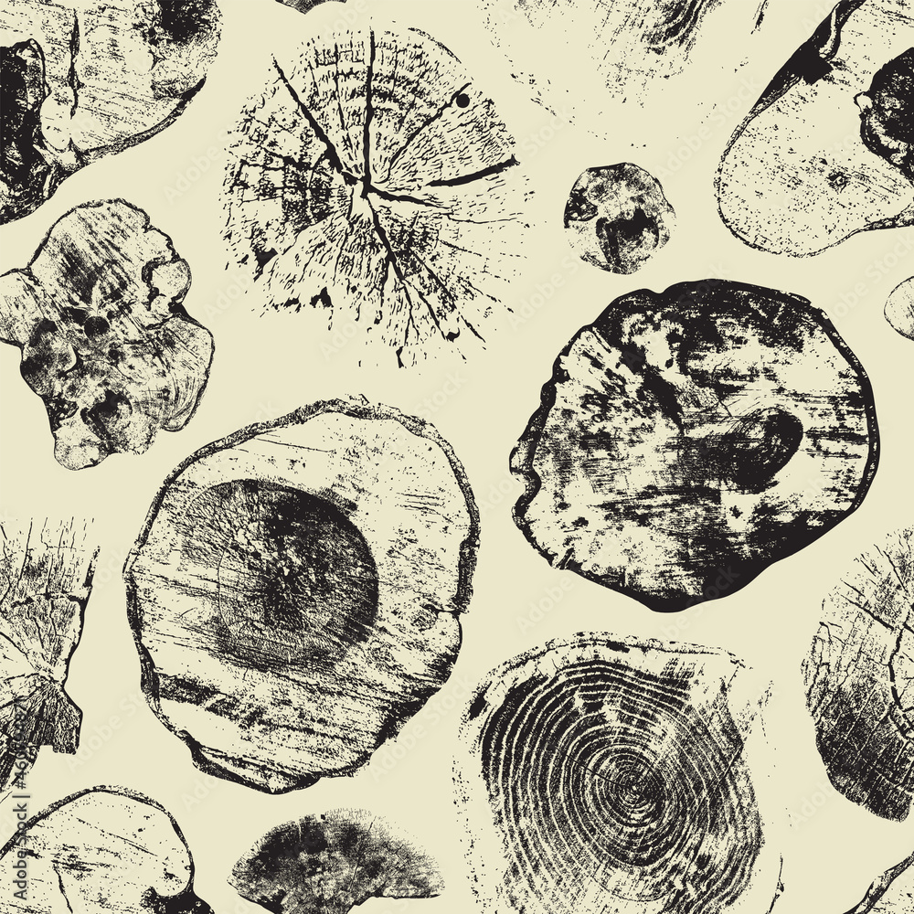 Poster abstract seamless pattern with sawn tree trunks on a light backdrop in retro style. monochrome vecto