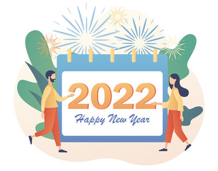 Happy New year 2022 - text on calendar. Christmas holiday. Tiny people celebrate, greeting friends and family. Modern flat cartoon style. Vector illustration on white background