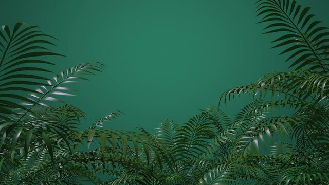 Leaves, grass, branches. Blowing wind effect. Botanical floral frame. Zoom out. Green background. Nature. Tropical plants. Spring, summer mood. Seasonal clip. 3D Render 4K animation 
