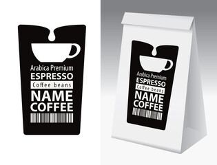 Black and white paper packaging with label for coffee bean. A vector coffee label with cup, barcode, coffee bean and inscription and paper 3d package with this label.