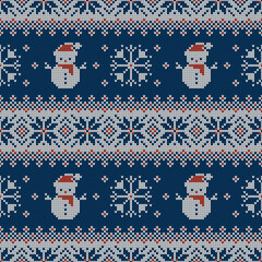 Knitted seamless pattern with snowman and scandinavian ornament. Sweater background. - 460795660