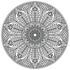 mandala with folk style flowers drawn on a white background for coloring, vector