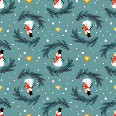 Seamless Christmas pattern with snowmen, fir trees, stars and snowflakes on blue background. Bright print for New Year and winter holiday, wrapping paper, textiles and design.