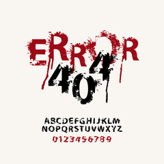 Error 404 lettering in abstract letters with spots and drips. Vector set of alphabet letters and numbers written in red and black paint on a light background. System error illustration. Spattered font