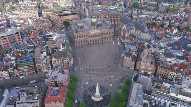 Amsterdam: Aerial view of capital city of Netherlands, Royal Palace Amsterdam (Koninklijk Paleis Amsterdam) and Dam Square in historic center of city - landscape panorama of Europe from above