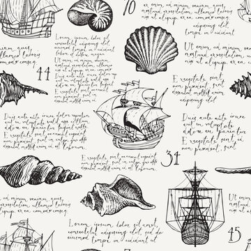 Seamless pattern with hand-drawn seashells, old ships and handwritten text Lorem ipsum. Black and white vector background in vintage style. Pencil drawings of shells and sailing yachts on an old paper