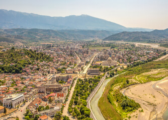 Panorama of the historic city of Berat in Albania. Top view from the castle