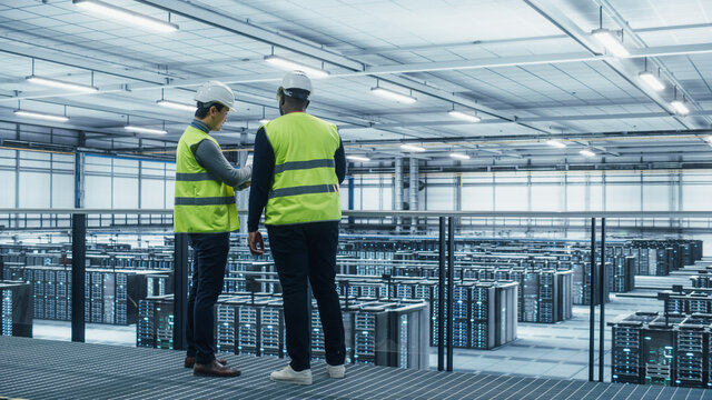 Korean Data Center System Administrators and African American IT Specialists in High Visibility Vests Talk, Use Laptop. IT Engineers work on Cyber Security Network Protection in Server Farm.