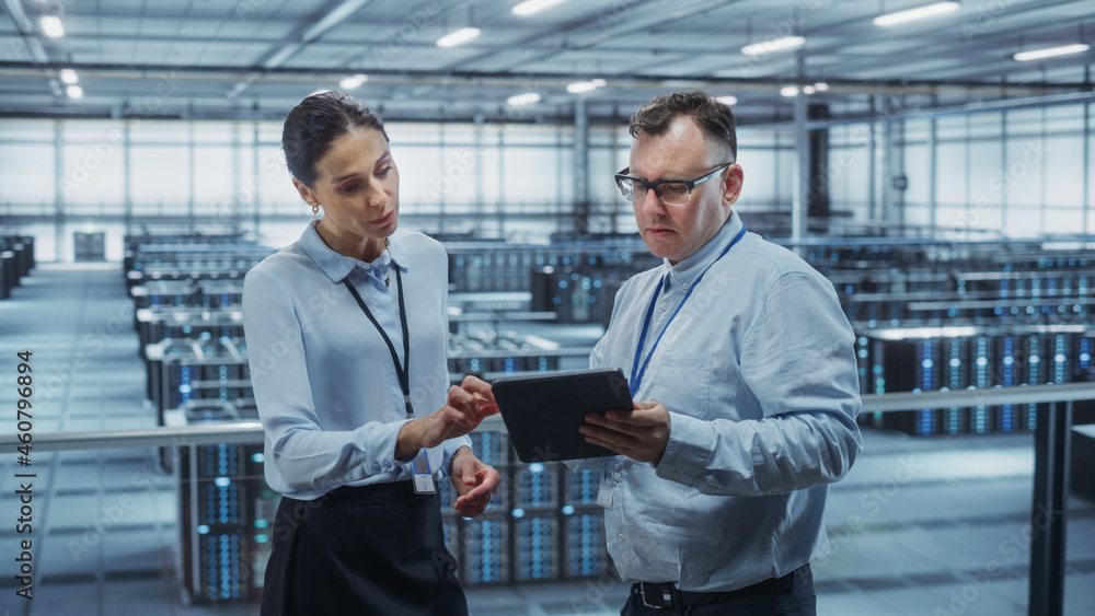 Poster Data Center Female System Administrator and Male IT Specialist Talk, Use Tablet Computer. Information Technology Engineers work on Cyber Security Network Protection in Cloud Computing Server Farm.