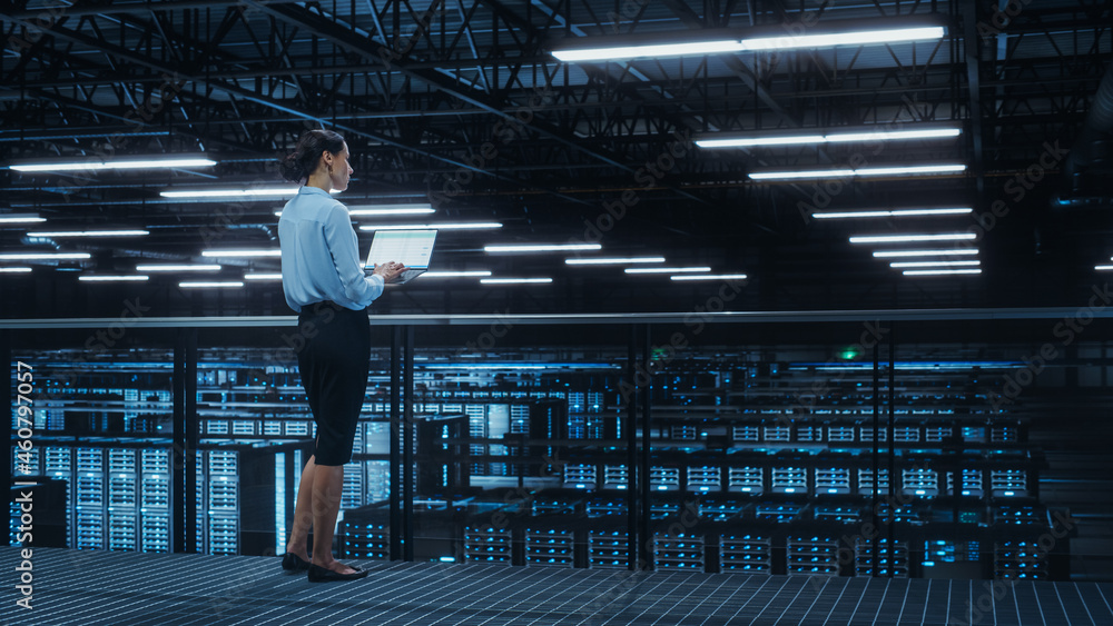 Poster Data Center Engineer Using Laptop Computer. Server Farm Cloud Computing Specialist Facility with Multiethnic Female System Administrator Working with Data Protection Network for Cyber Security.