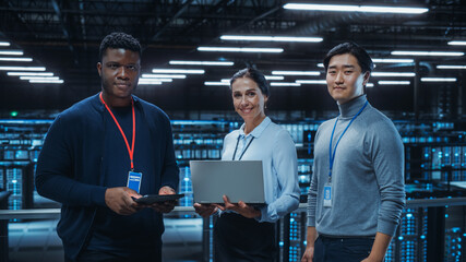 Diverse Team of Data Center System Administrators and IT Specialists Use Laptop and Tablet...