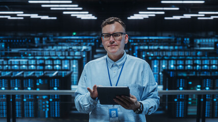 Portrait of a Data Center Engineer Using Laptop Computer. Server Room Specialist Facility with Adult Male System Administrator Working with Data Protection Network for Cyber Security.