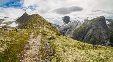 Fototapeta premium Views of peaks and glacier from Kattanakken, Jostedalsbreen National Park, Norway.