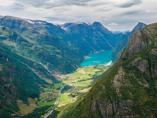 Views of peaks and Oldevatnet lake from Kattanakken, Jostedalsbreen National Park, Norway.