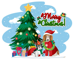 Merry Christmas text logo with Christmas tree and cute dogs