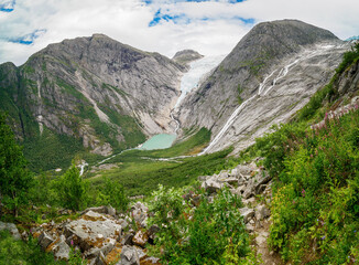 Views of peaks and glacier from Kattanakken, Jostedalsbreen National Park, Norway.