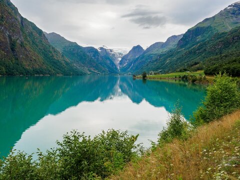 Views of peaks and Oldevatnet lake, Jostedalsbreen National Park in Norway.