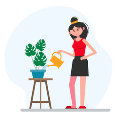 Pretty woman watering a flower in the pot. Young woman gardener grows a flower. Girl takes care of her plants. Earth day, education, green planet, ecology, forestation, Mental health