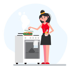 The girl prepares food on the stove. Cooking process. Frying pan with pasta during cooking. Vector illustration in flat style.