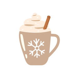Merry Christmas winter illustration with cup of cappuccino with a cinnamon stick