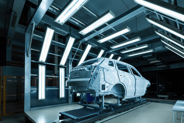 car body at the inspection stand, high-tech production of electric cars