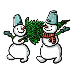 Two cheerful snowmen are carrying a Christmas tree.