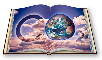 Presence of CO2 in the atmosphere - 3D rendering opened photobook concept with a NASA planet Earth image against a cloudy sky.