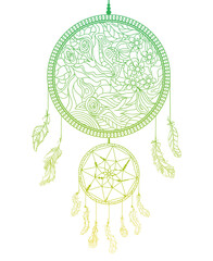 Hand drawn dreamcatcher on white. Zentangle. Feathers. Abstract mystic symbol. American indians symbol. Zen art. Design for spiritual relaxation for adults. Line art creation