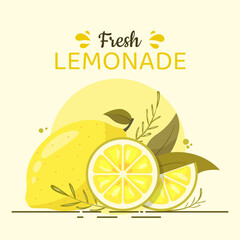Lemon slices with leaves. Whole lime and cut pieces of lemon isolated on white. Text fresh lemonade and copy space. Juicy fruit vitamin banner vector illustration.