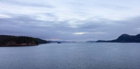 Gulf Islands on the West Coast of Pacific Ocean. Canadian Nature Landscape Background. Summer Sunrise. Near Vancouver Island, British Columbia, Canada.