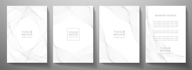 Contemporary technology cover design set. White background with grey line pattern (guilloche curves). Premium vector tech backdrop for formal  business layout, digital certificate, brochure templat
