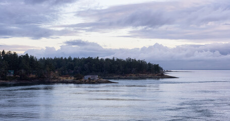Gulf Islands on the West Coast of Pacific Ocean. Canadian Nature Landscape Background. Summer Sunrise. Near Vancouver Island, British Columbia, Canada.