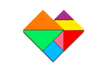 Color tangram puzzle in heart shape on white background