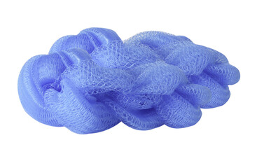 Blue soft bath puff or shower sponge isolated on white background