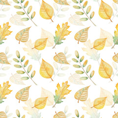 Obraz premium Watercolor seamless pattern from hand painted illustration of birch, maple tree leaves in yellow colors isolated on white. Forest nature print for autumn season fabric textile, design cards, packaging