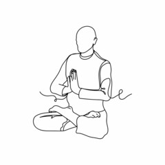 Continuous one line drawing of buddhist meditation, religion, praying  icon in silhouette on a white background. Linear stylized.