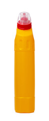 Orange plastic bottle of liquid detergent isolated on white