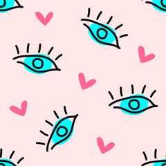 Cute seamless pattern with hearts and human eyes drawn by hand. Sketch, doodle. Vector illustration. - 460803016