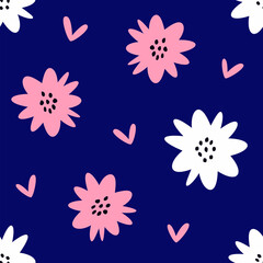 Simple seamless pattern with flowers and hearts. Cute vector illustration.