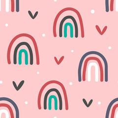 Cute seamless pattern with rainbows, hearts and dots.  Drawn by hand. Vector illustration. - 460803024