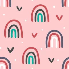 Peel and stick wall murals Rainbow Cute seamless pattern with rainbows, hearts and dots.  Drawn by hand. Vector illustration.