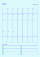 May 2022 colorful cute graphic design digital and printable calendar template illustration. Notes, scheduler, diary, calendar, memo, planner document template background.