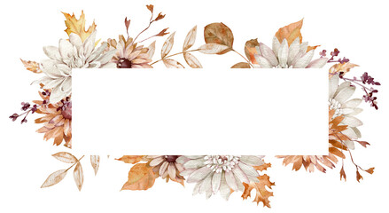 Watercolor horizontal frame with fall flowers and leaves. Orange and white autumn. Floral template. Beautiful flowers.