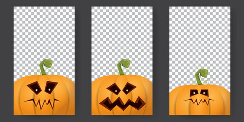 Halloween vertical cartoon stories set with Halloween scary pumpkins. Funky kids Halloween background with space for text