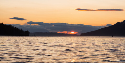 Canadian Nature Landscape View of the Gulf Islands on West Coast of Pacific Ocean. Dramatic Colorful Summer Sunset Located near Victoria, Vancouver Island, British Columbia, Canada.