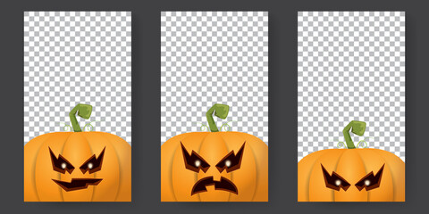 Halloween vertical cartoon stories set with Halloween scary pumpkins. Funky kids Halloween background with space for text